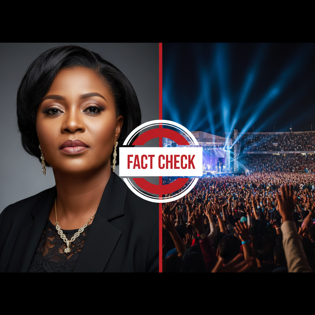 A fact-check graphic comparing Esther Smith’s interview with a stadium worship event.