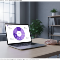 A finished animated infographic slide displayed on a laptop screen in a professional setting.