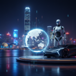 A futuristic representation of China's technological advancements in robots and electric vehicles.
