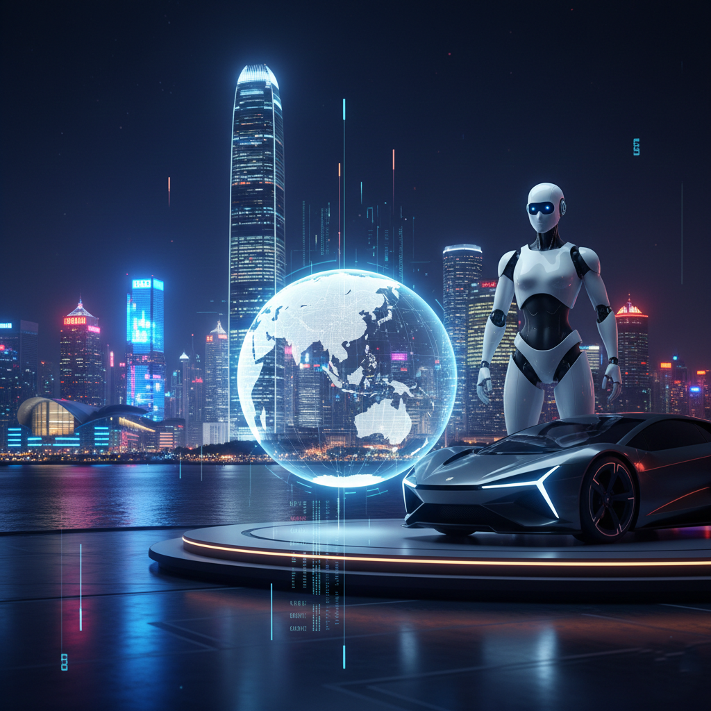 A futuristic representation of China's technological advancements in robots and electric vehicles.