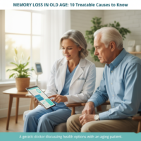 A geriatric doctor discussing health options with an aging patient.