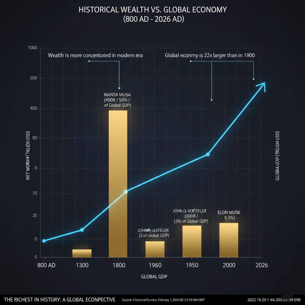 A graph comparing the wealth of historical figures to the global GDP of their respective eras.