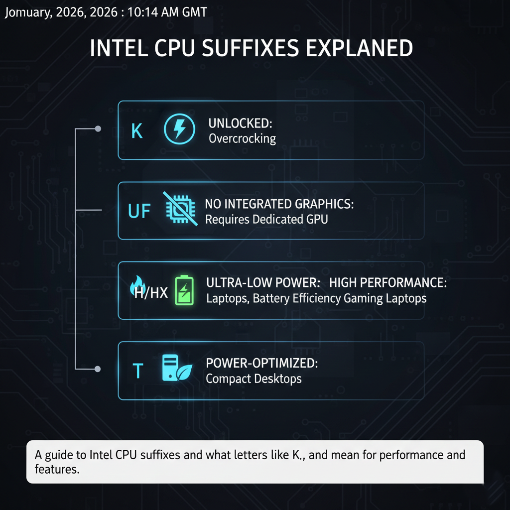 A guide to Intel CPU suffixes and what letters like K, F, and U mean for performance.