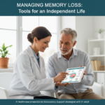 A healthcare professional discussing memory support strategies with an older adult.