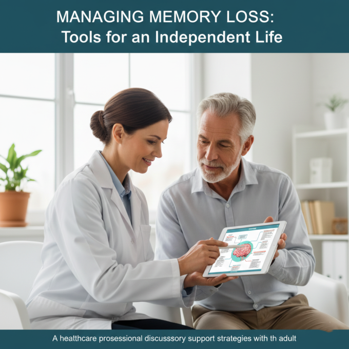 A healthcare professional discussing memory support strategies with an older adult.