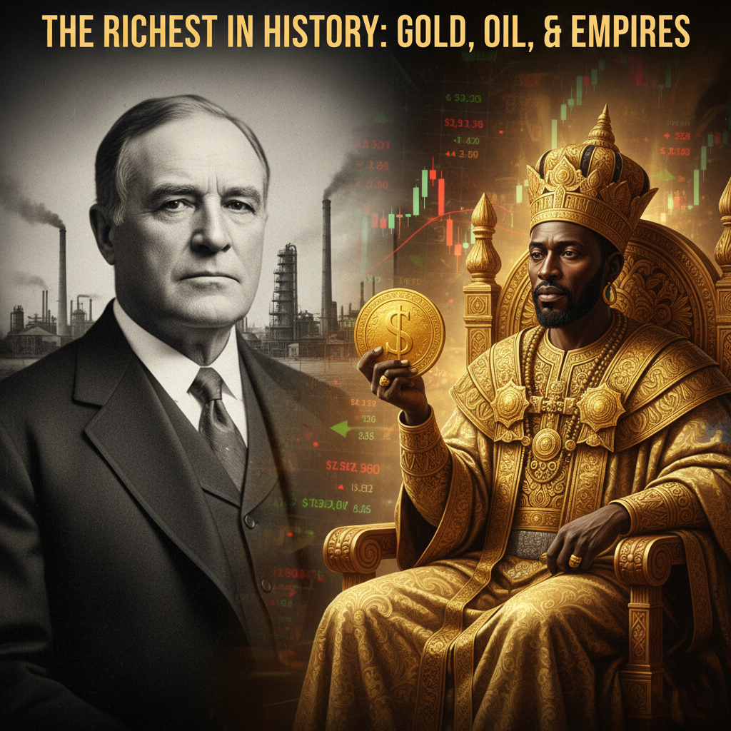 A historical collage of John D. Rockefeller and Mansa Musa representing the richest people in history.