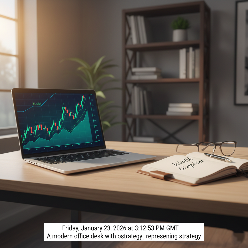 A modern office desk with a laptop showing financial growth charts, representing a wealth-building strategy.
