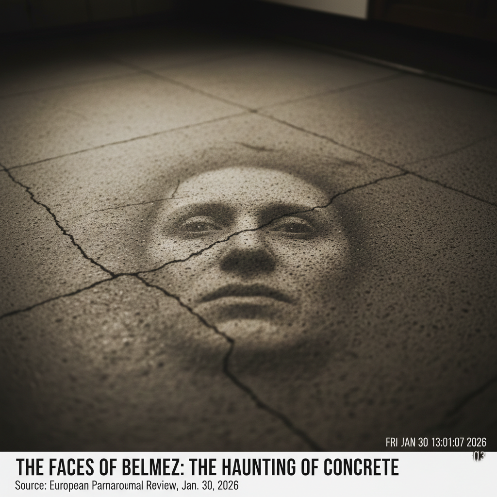 A mysterious human-like face appearing in the concrete floor of a home in Belmez, Spain.