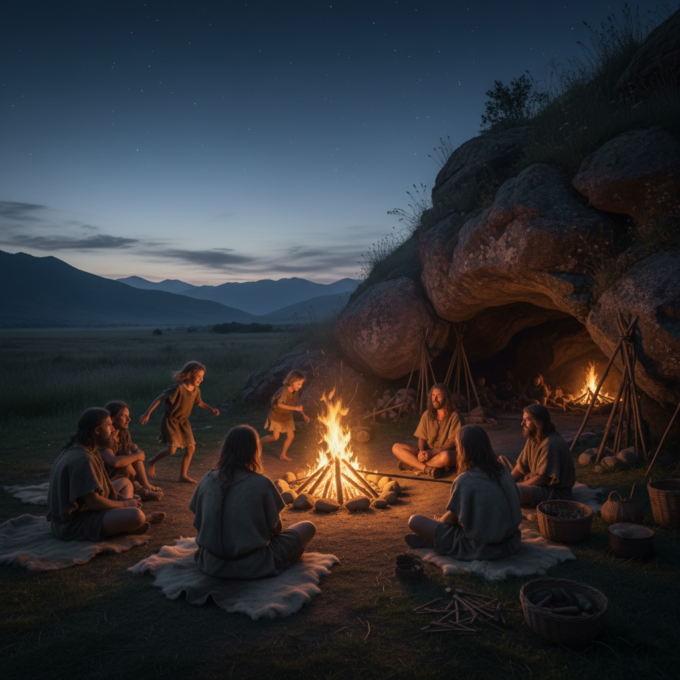A peaceful prehistoric community gathered around a campfire at twilight.