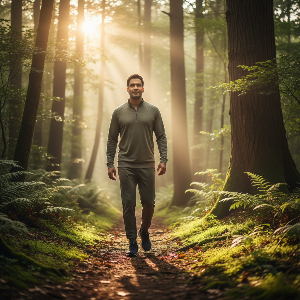 A person walking in nature to boost oxygen levels and reduce stress for brain health.