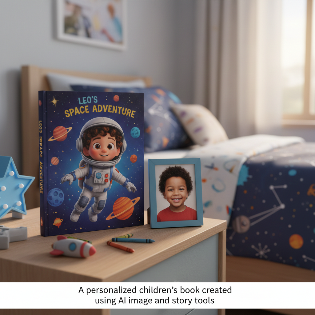 A personalized children's book created using AI image and story tools.