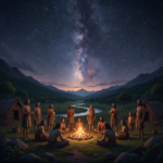 A prehistoric human community gathered around a fire under a star-filled sky.