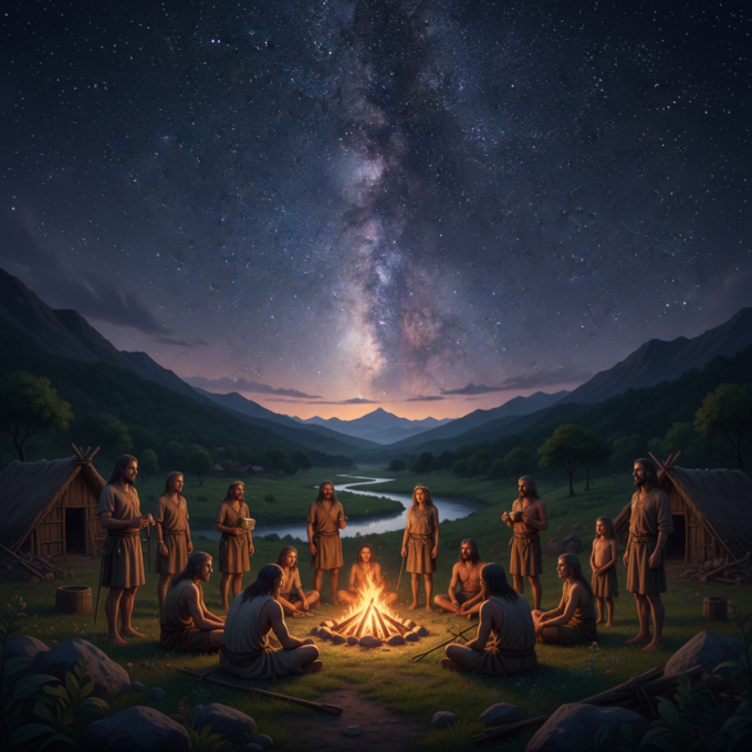 A prehistoric human community gathered around a fire under a star-filled sky.