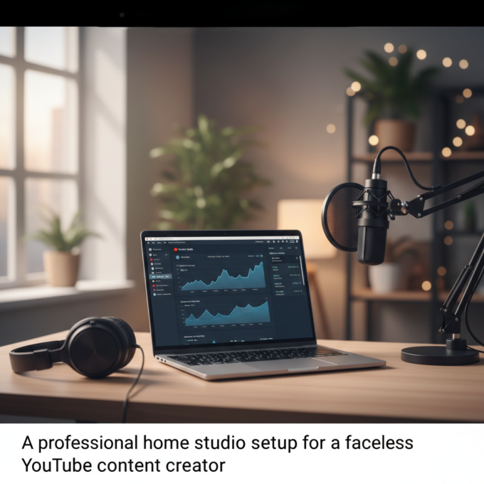 A professional home studio setup for a faceless YouTube content creator.