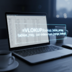 A professional laptop setup showing an Excel VLOOKUP formula overlay.