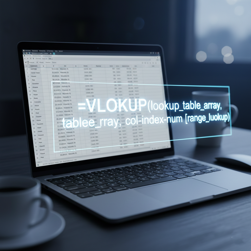 A professional laptop setup showing an Excel VLOOKUP formula overlay.