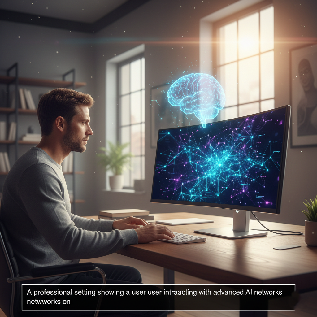A professional setting showing a user interacting with advanced AI neural networks on a computer.