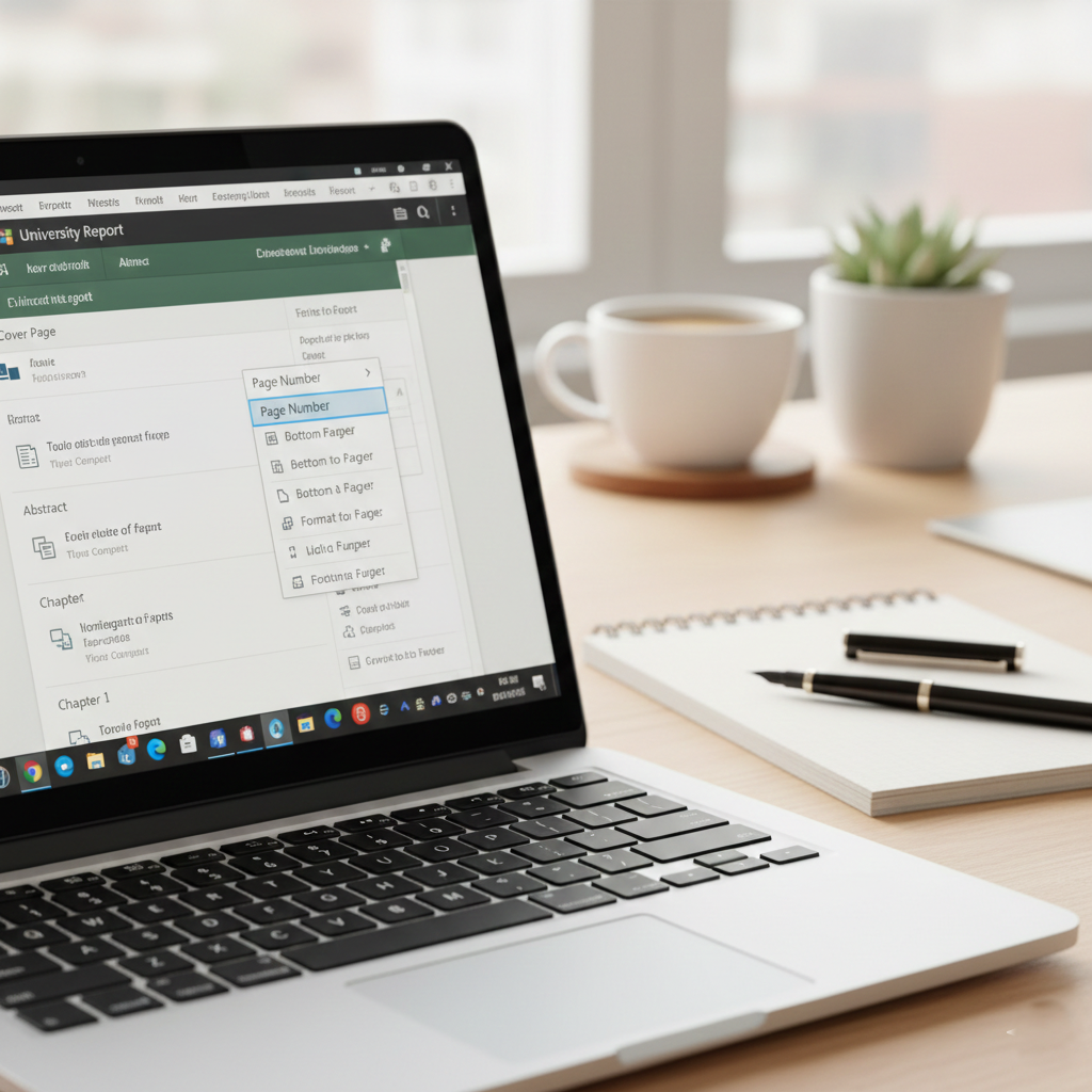 A professional setup showing a laptop with Microsoft Word page numbering settings open.