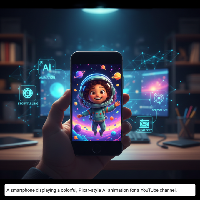 A smartphone displaying a colorful, Pixar-style AI animation for a YouTube channel.