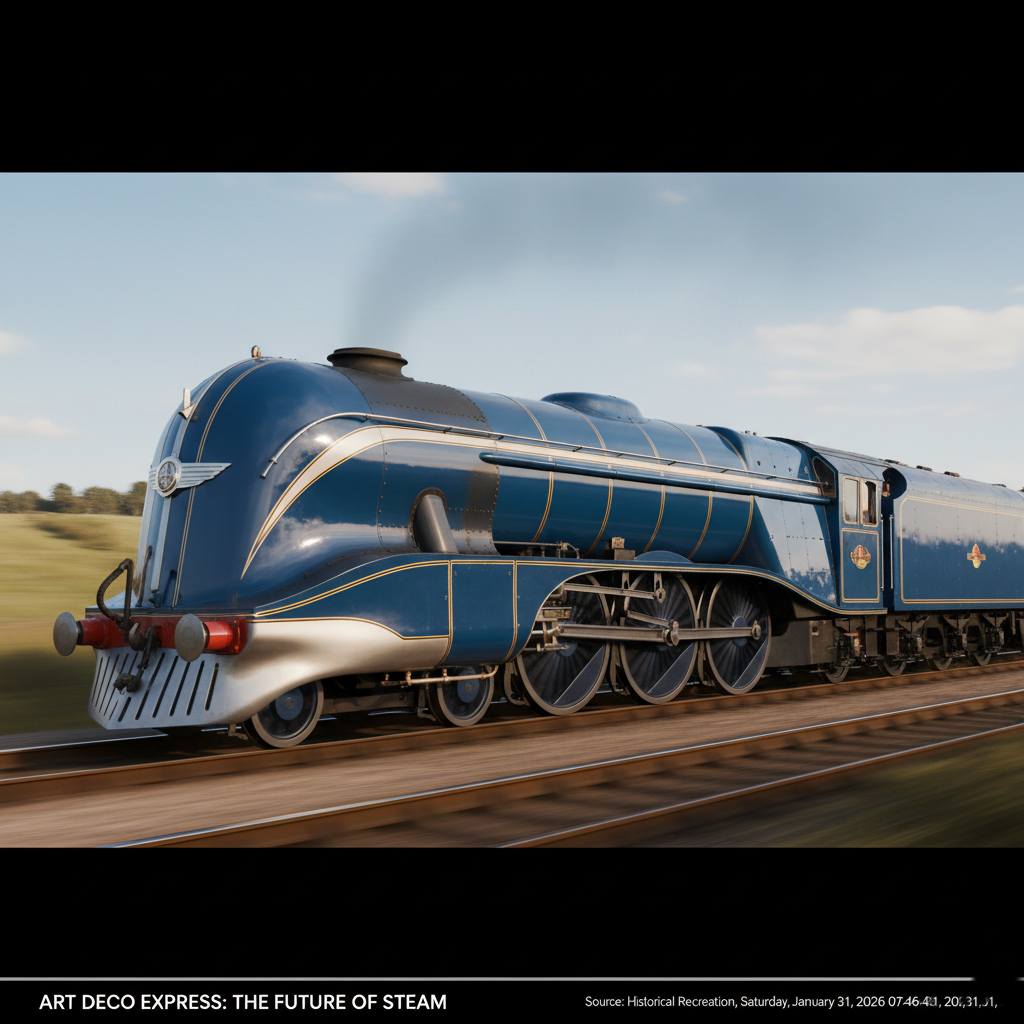 A streamlined Art Deco steam locomotive from the 1930s.