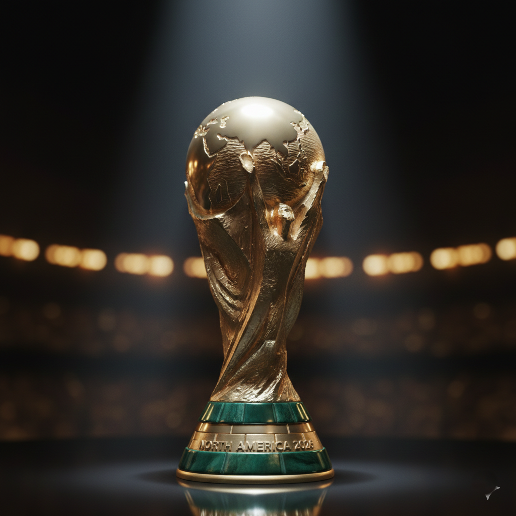 A symbolic image of the FIFA World Cup trophy, representing the ultimate goal for Thomas Tuchel and England.