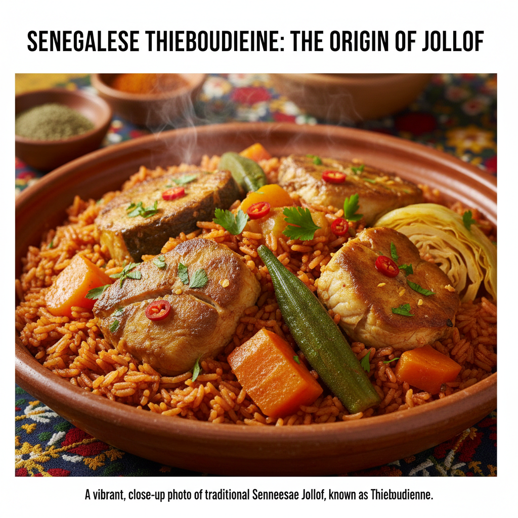 A traditional plate of Senegalese Jollof rice, known as Thieboudienne.