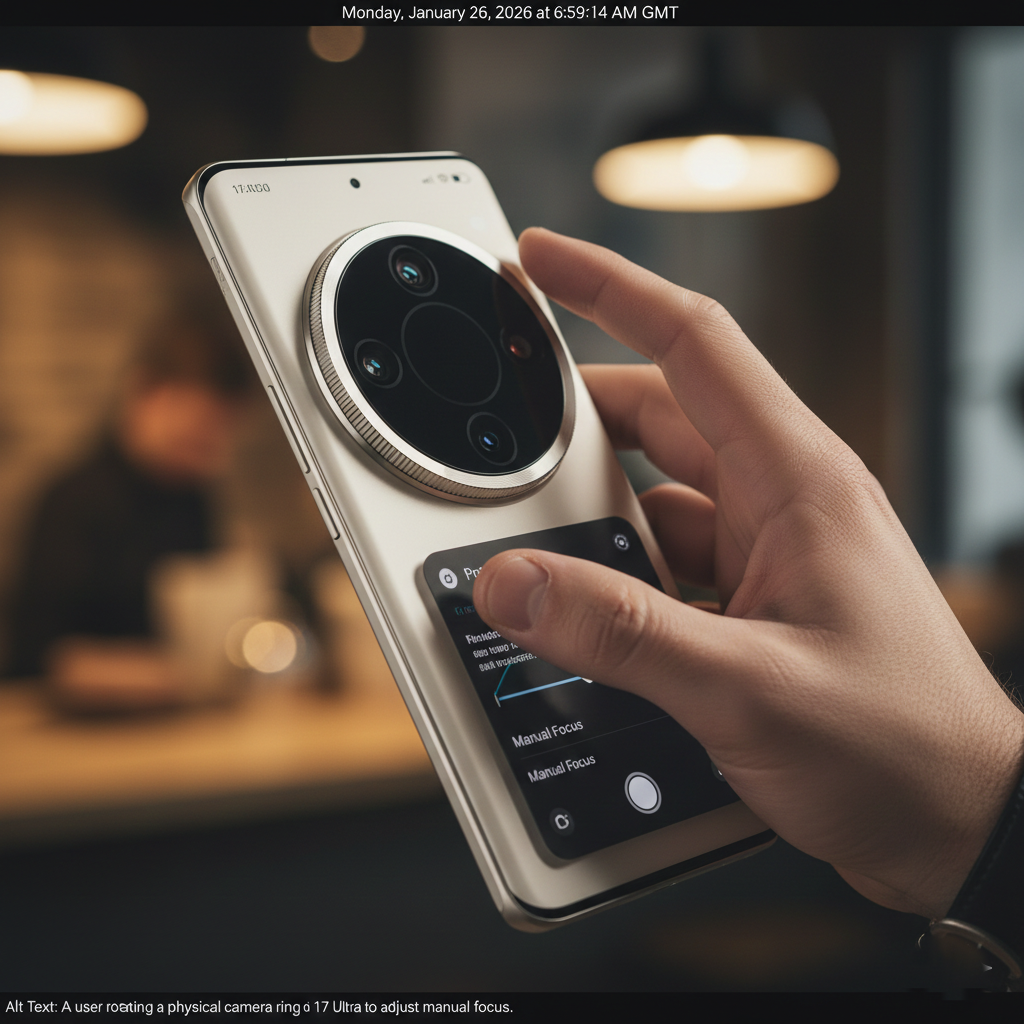 A user rotating the physical camera ring on the Xiaomi 17 Ultra to adjust manual focus.