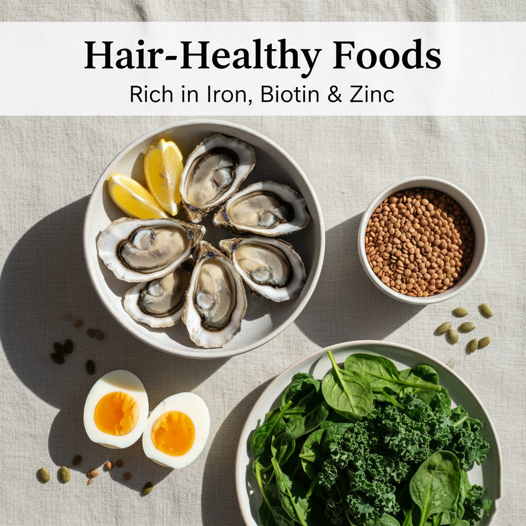 A variety of foods rich in zinc, iron, and biotin to support hair health.