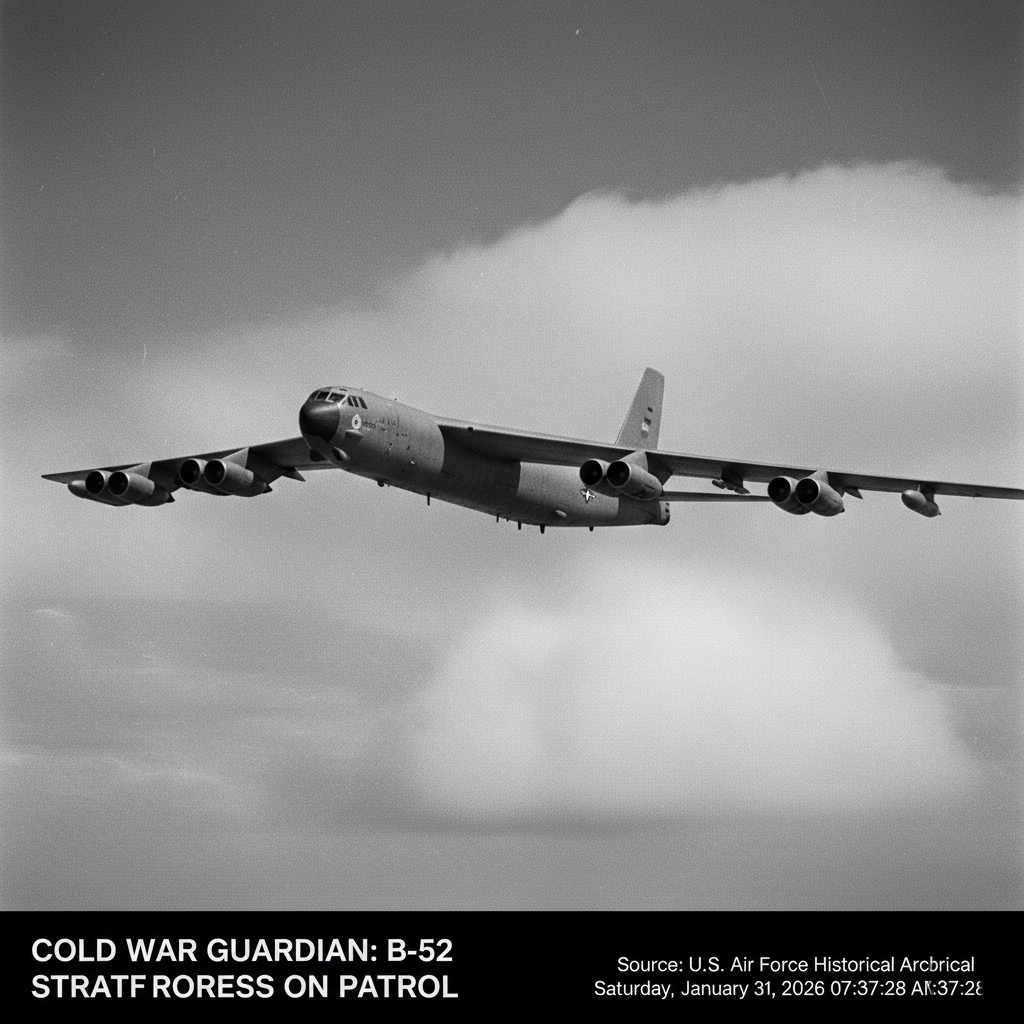 A vintage B-52 Stratofortress in flight during the Cold War era.