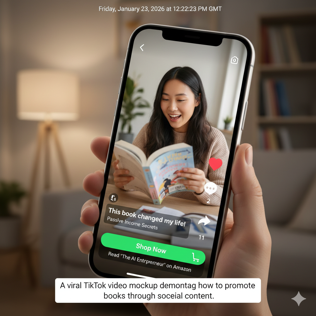 A viral TikTok video mockup demonstrating how to promote books through social media content.