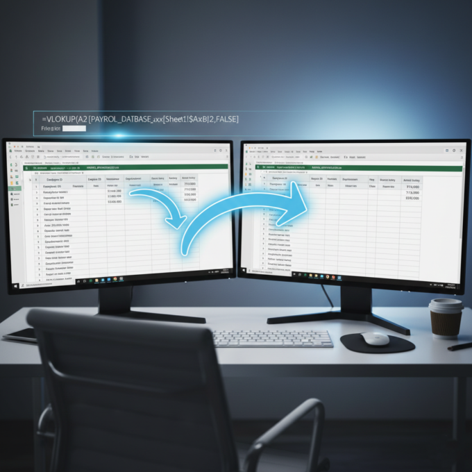 A visual representation of pulling data between two different Excel files using VLOOKUP.
