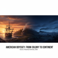 A visual timeline of American history from colonial ships to the industrial era.