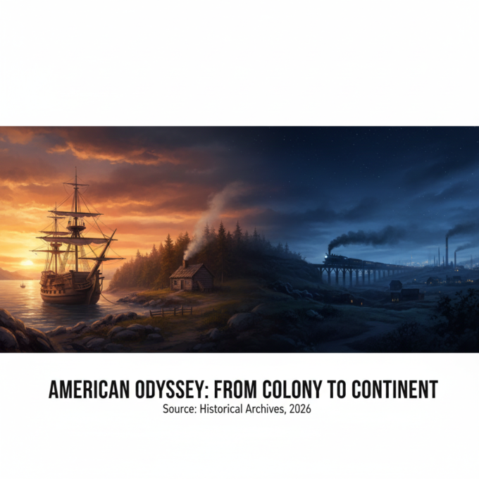 A visual timeline of American history from colonial ships to the industrial era.