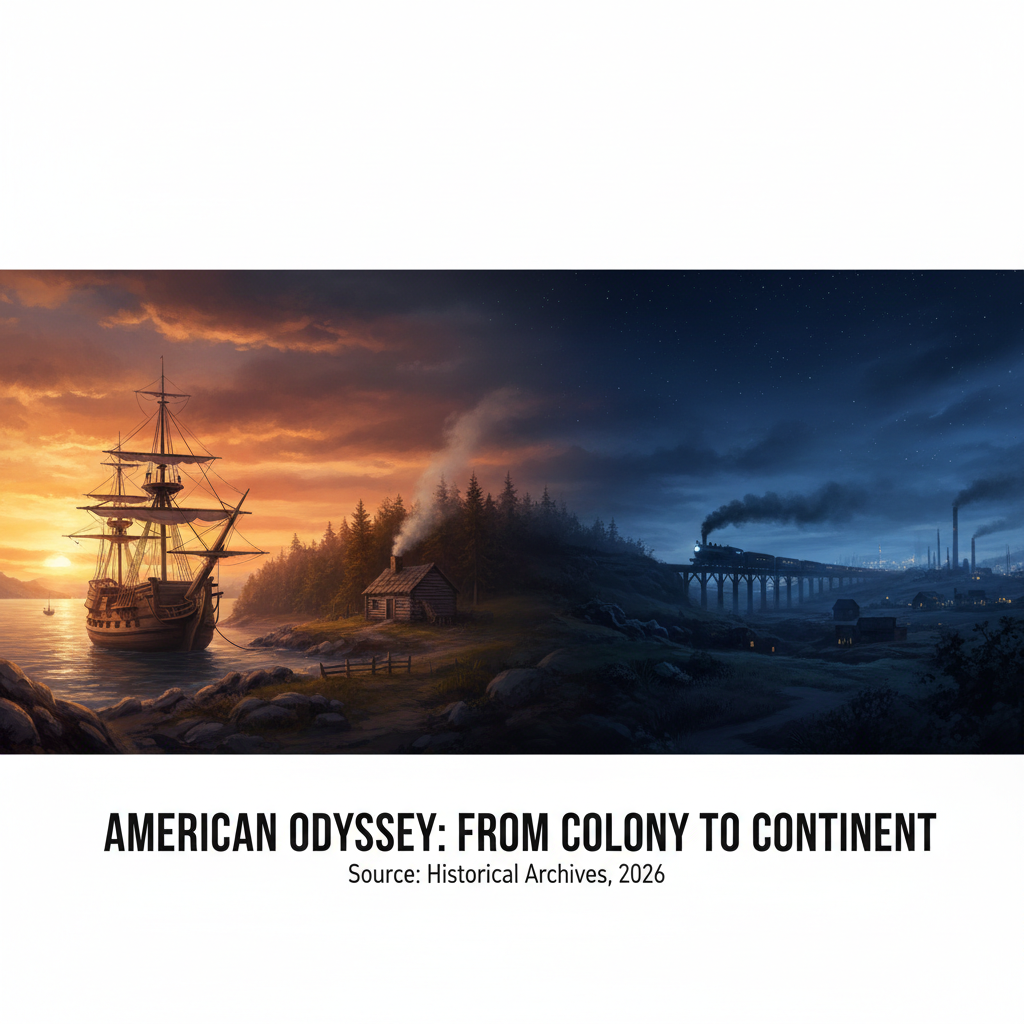 A visual timeline of American history from colonial ships to the industrial era.