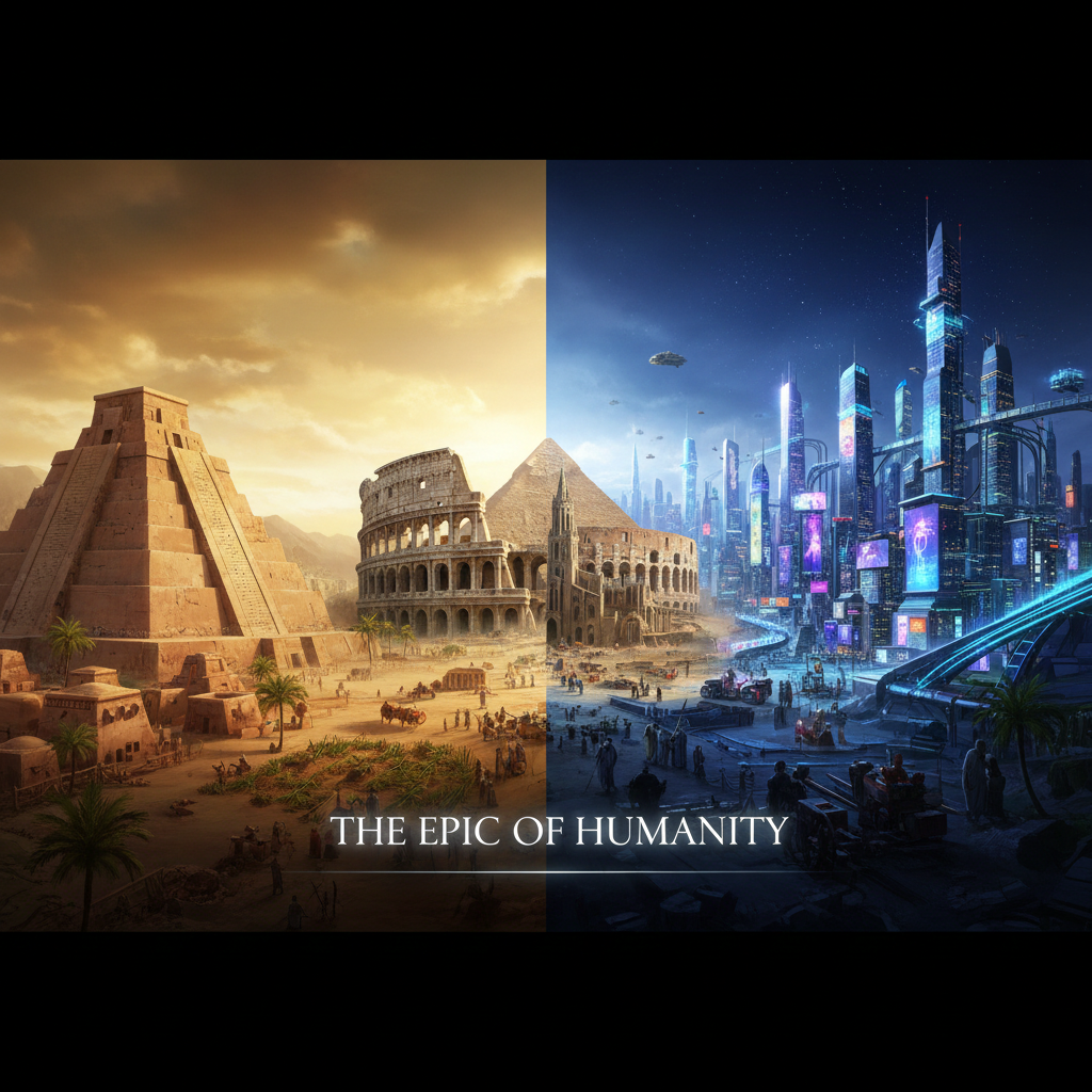 A visual timeline of human civilization featuring ancient monuments and a modern city.