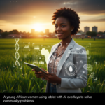 A young African woman using a tablet with AI overlays to solve community problems.