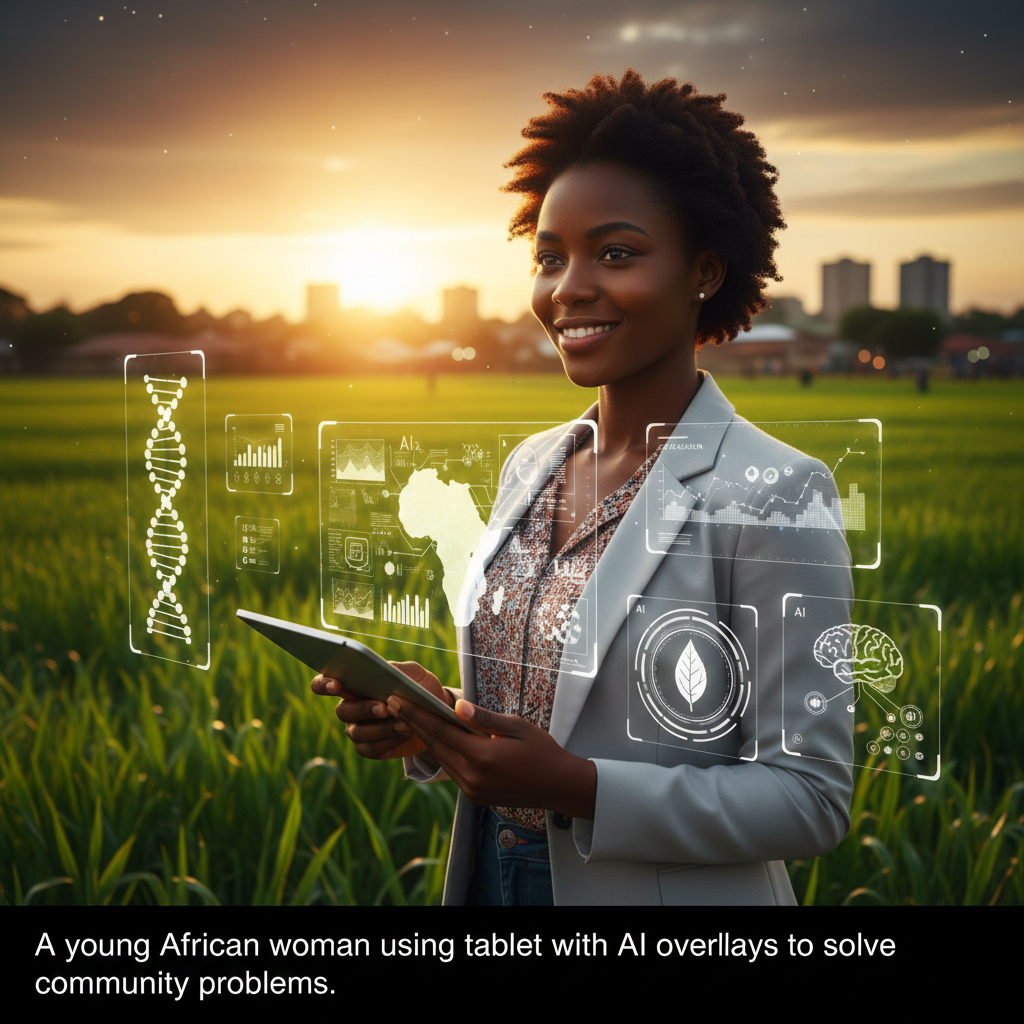 A young African woman using a tablet with AI overlays to solve community problems.