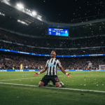Alphonso Davies celebrating a crucial Champions League goal for Newcastle United.