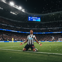 Alphonso Davies celebrating a crucial Champions League goal for Newcastle United.