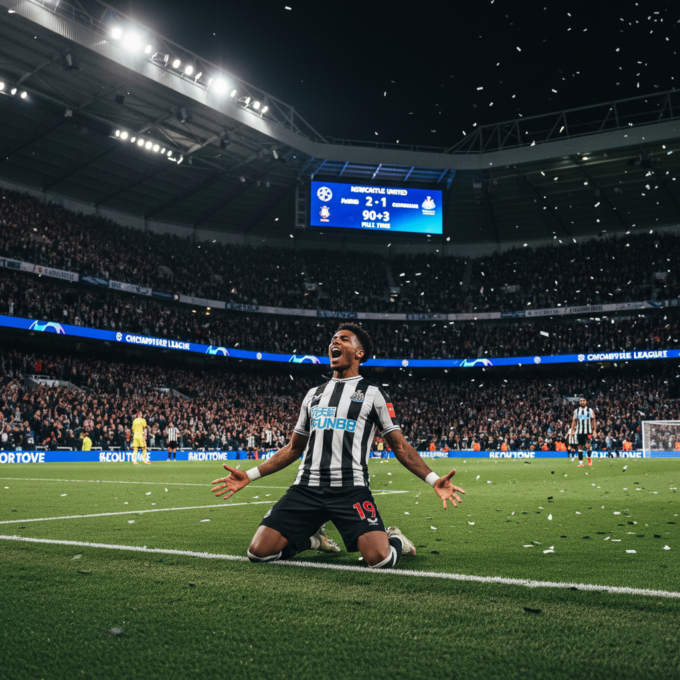 Alphonso Davies celebrating a crucial Champions League goal for Newcastle United.