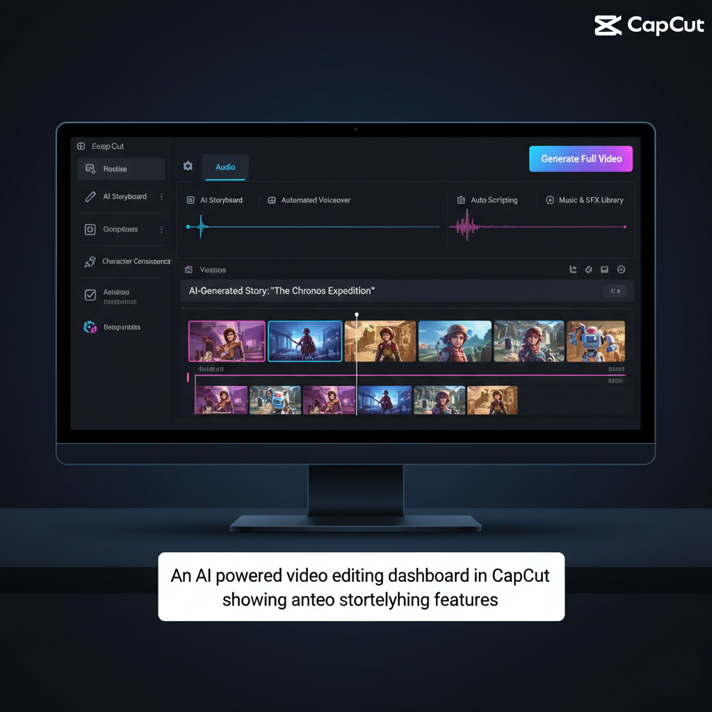 An AI-powered video editing dashboard in CapCut showing automated storytelling features.