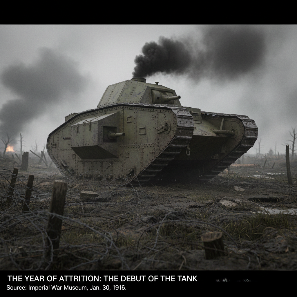 An early British tank crossing a battlefield during the Great War.