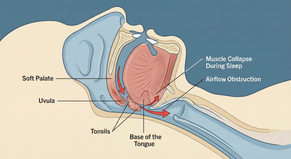 Anatomical diagram of the upper respiratory tract showing potential sites of airway obstruction.