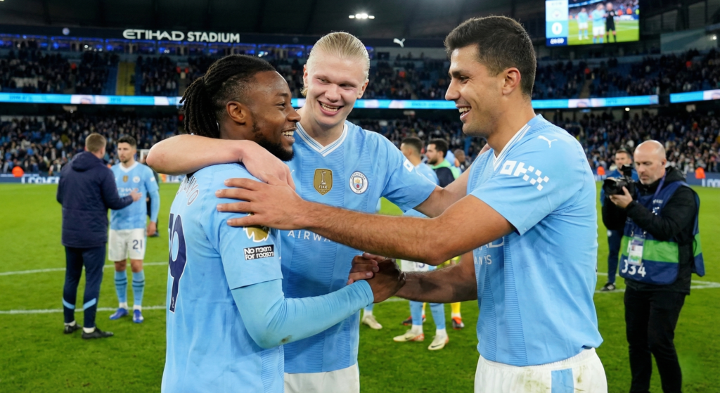 Antoine Semenyo being embraced by Man City teammates.