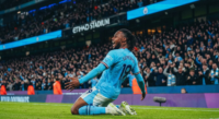 Antoine Semenyo celebrating his debut goal for Manchester City.
