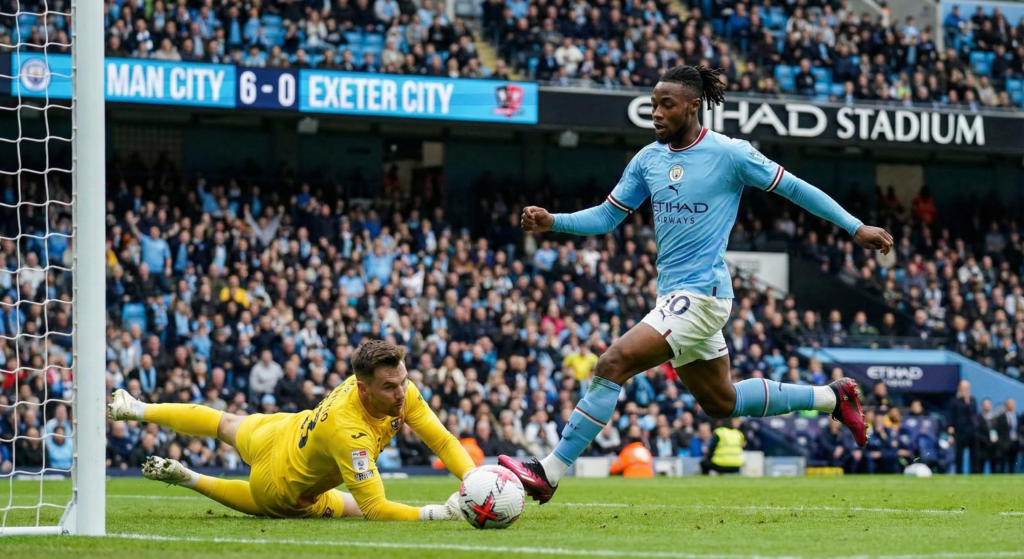 Antoine Semenyo scoring on his debut for Manchester City.