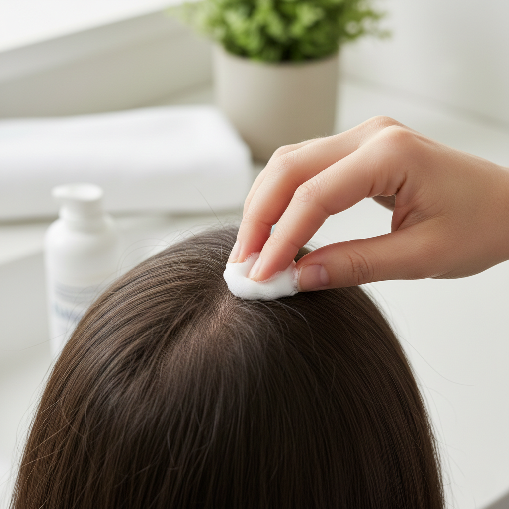 Application of topical minoxidil foam to the scalp.