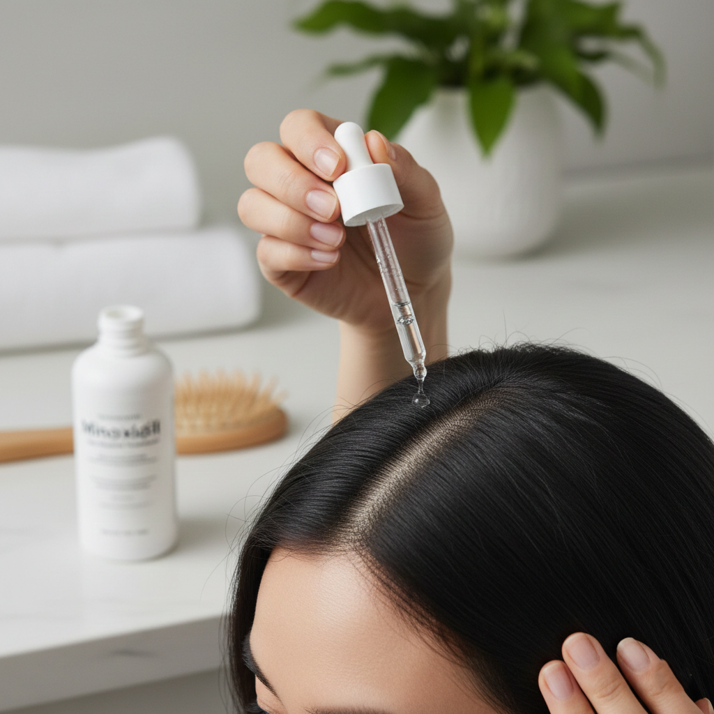 Application of topical minoxidil treatment to the scalp for hair regrowth.