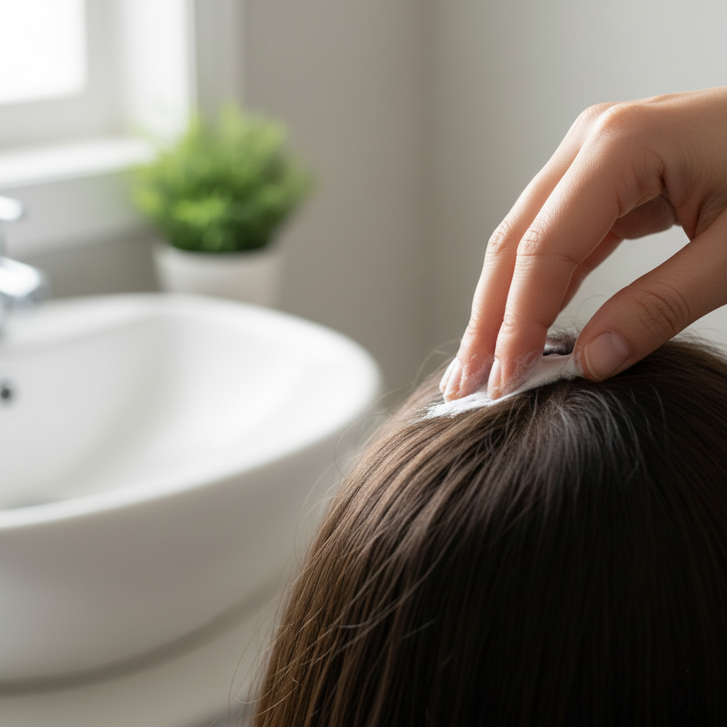 Applying topical minoxidil foam to the scalp for hair maintenance.