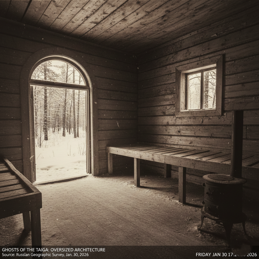 Architectural remains of a Siberian logging camp featuring oversized doorways and bunk heights.